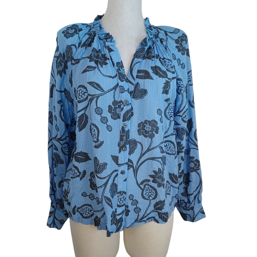 Loft Top Garden Ruffle Neck Shirt Blue Gray Floral Button Front Blouse‎ Womens M